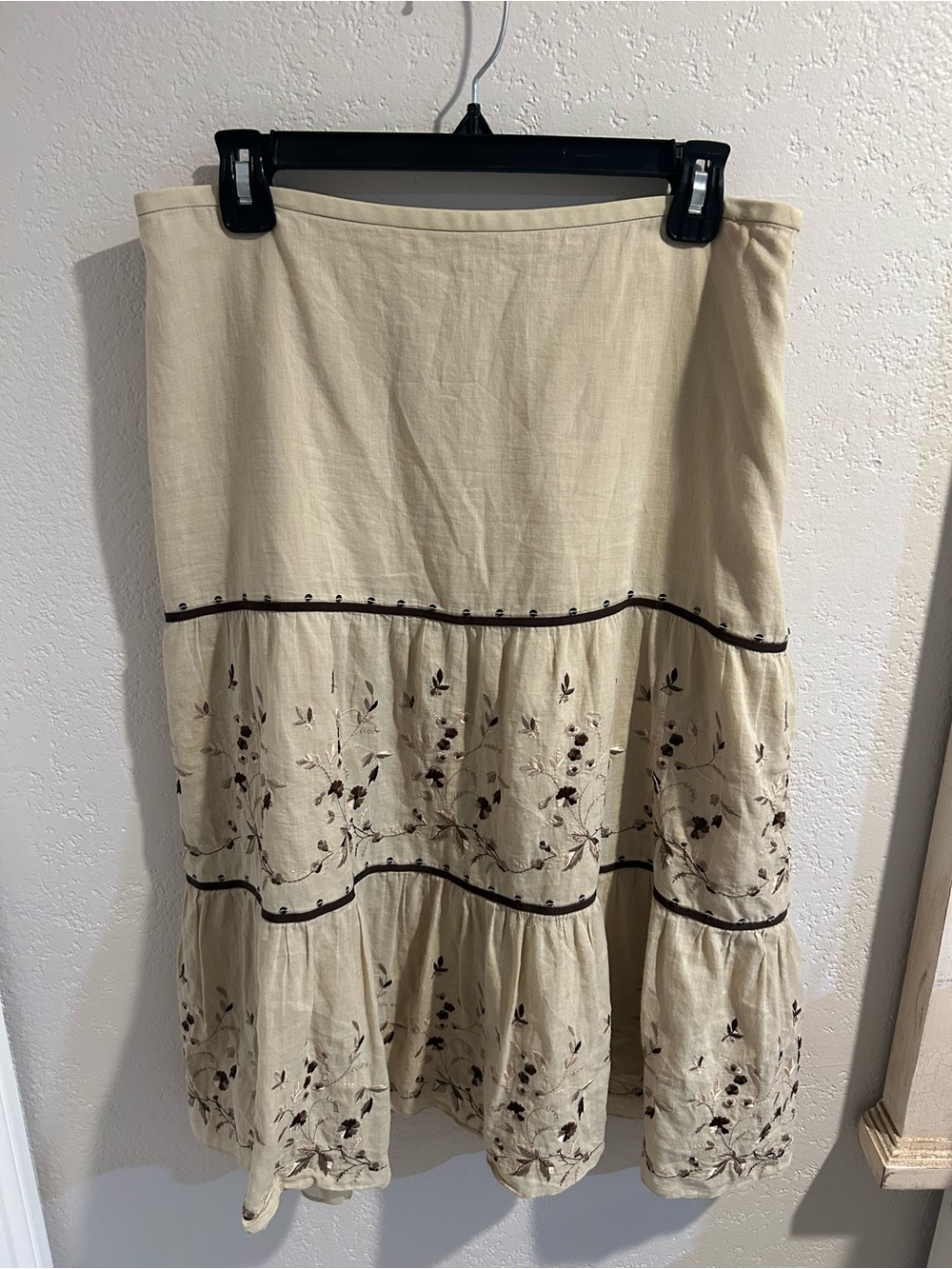 Beige Embroidered Tiered Midi Skirt - Women